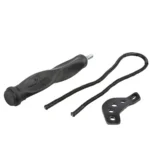 Bear Archery Trophy Ridge Blitz Stabilizer, black side view with cord and mounting plate
