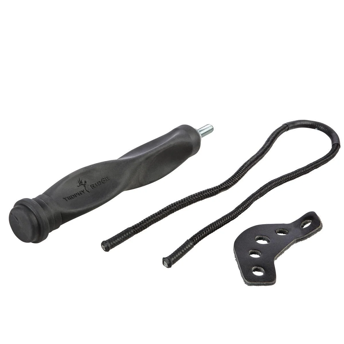 primary-40774 Bear Archery Trophy Ridge Blitz Stabilizer, black side view with cord and mounting plate
