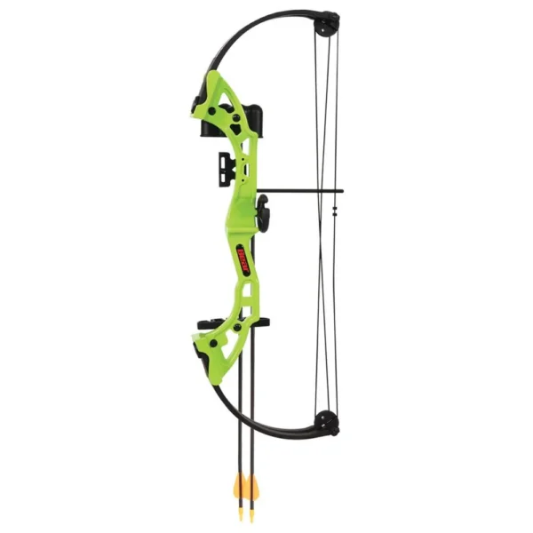 Bear Archery Compound Youth Bow Brave RH Green, side view with black limbs and arrow