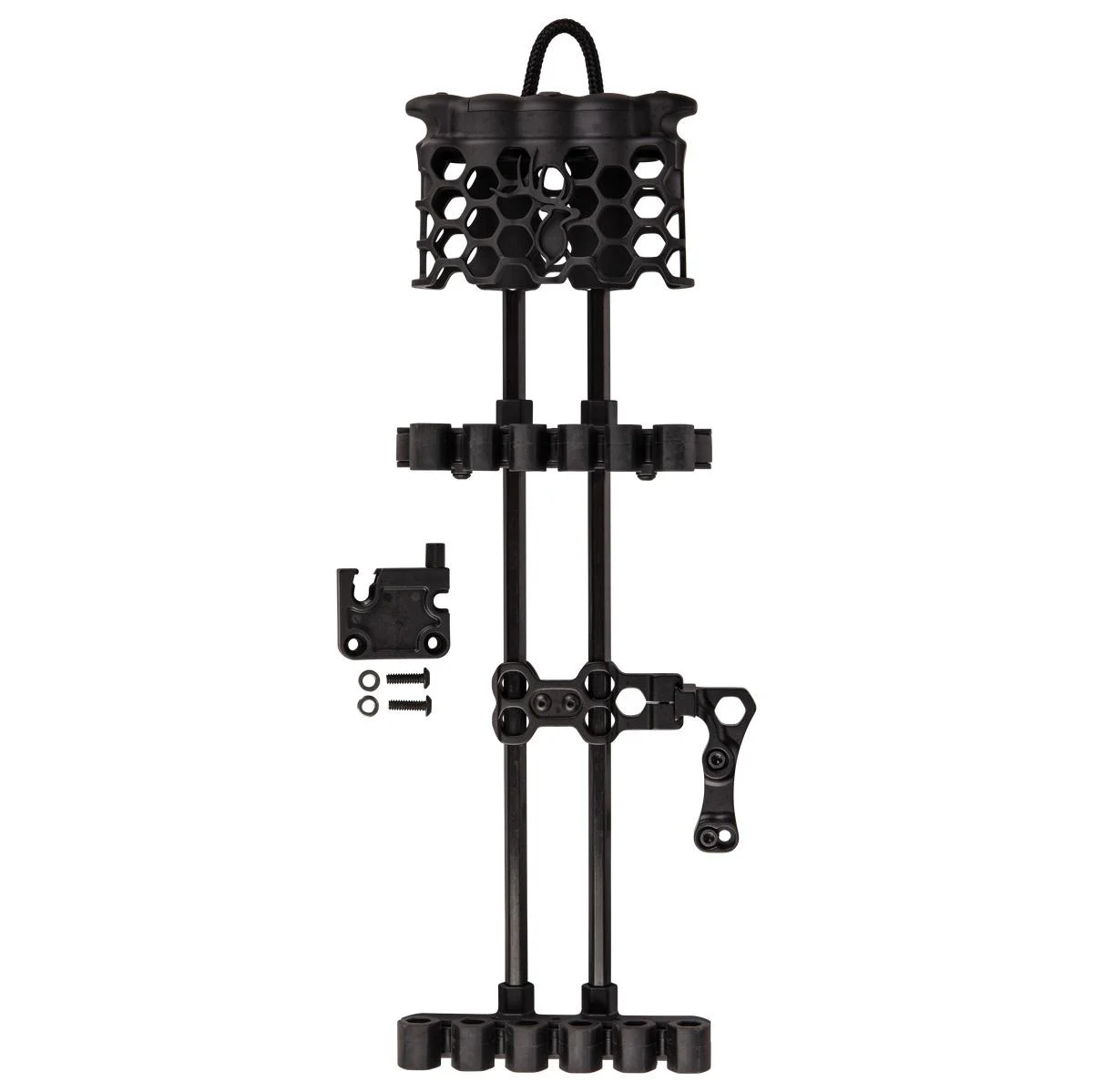 primary-40781 Trophy Ridge Hex Lite Quiver, front view of black quiver with dual rods and mounting hardware