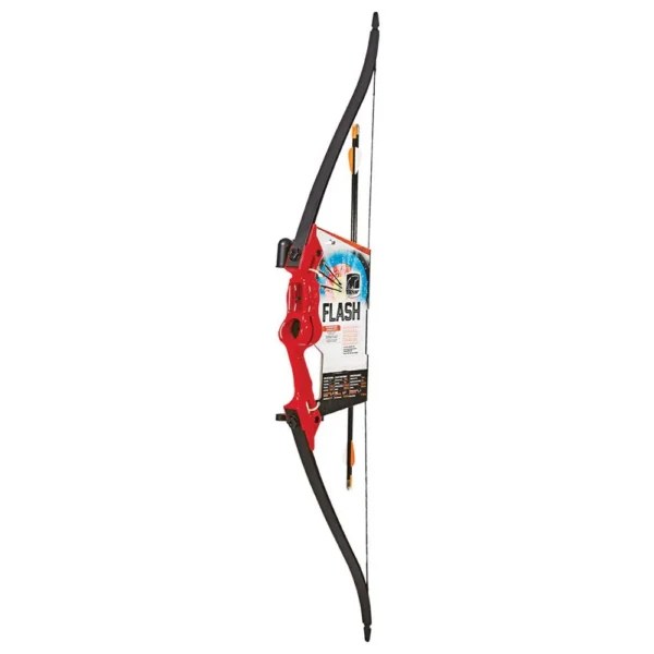 Bear Archery Flash Youth Bow, full front view of red riser, black limbs and attached arrow