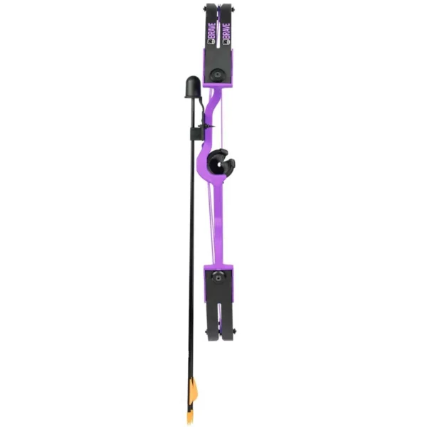 Bear Archery Brave Youth Compound Bow, purple full side view with black cams, grip and orange tip