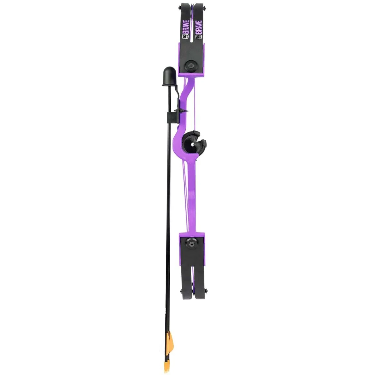 primary-40787 Bear Archery Brave Youth Compound Bow, purple full side view with black cams, grip and orange tip