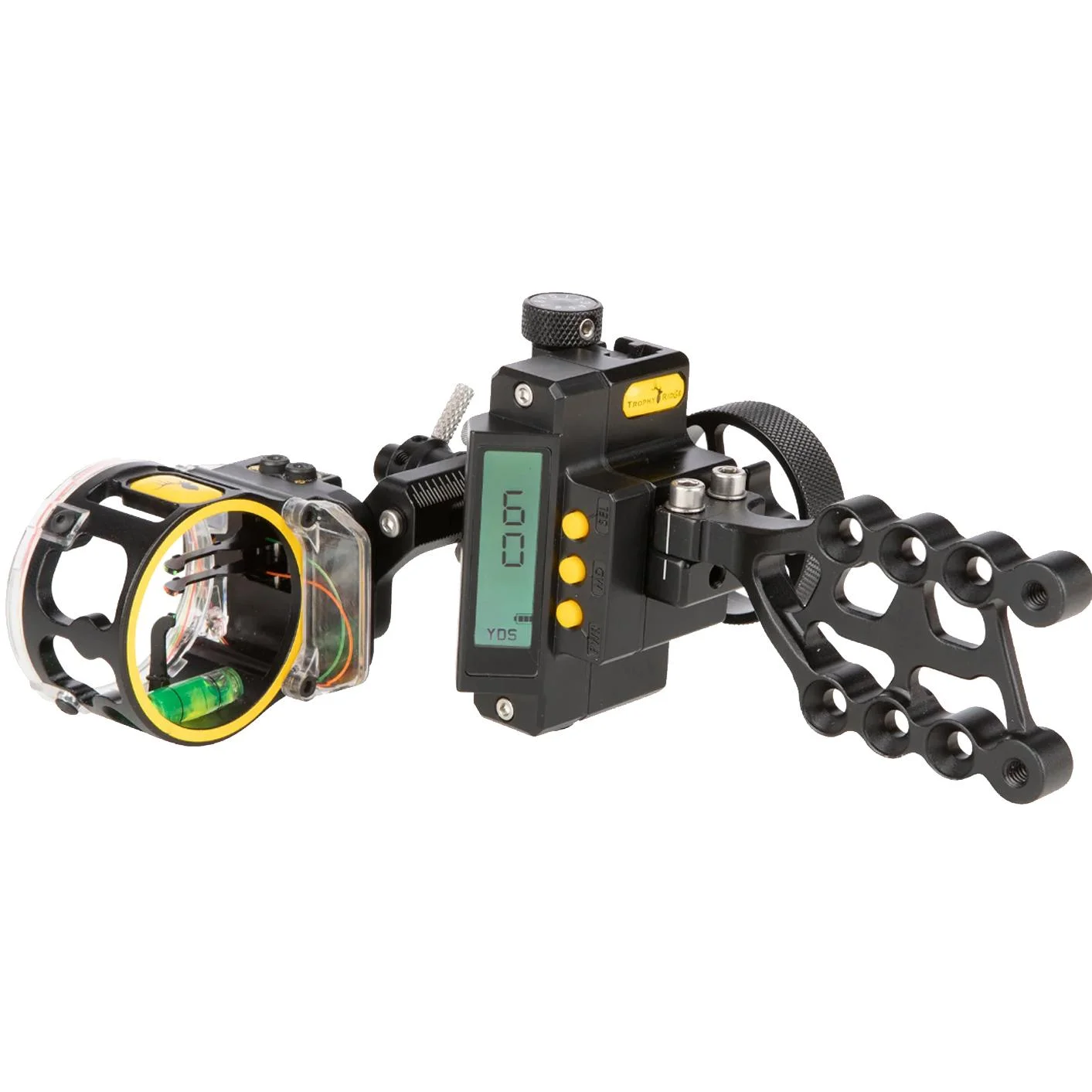 primary-40795 Bear Archery Trophy Ridge Digital React Trio Pro RH sight, black side view with display and pins
