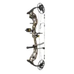 Bear Archery Paradigm RTH Compound Bow, side view in camouflage and black with sight and rest
