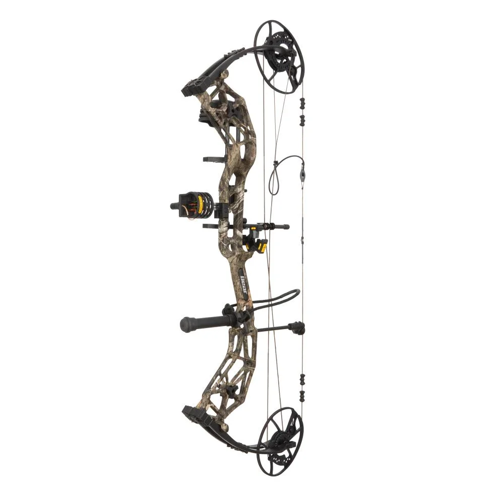primary-40797 Bear Archery Paradigm RTH Compound Bow, side view in camouflage and black with sight and rest