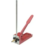 Forster Products Co-Ax Bench Priming Tool, red and silver tool with upright handle and primers