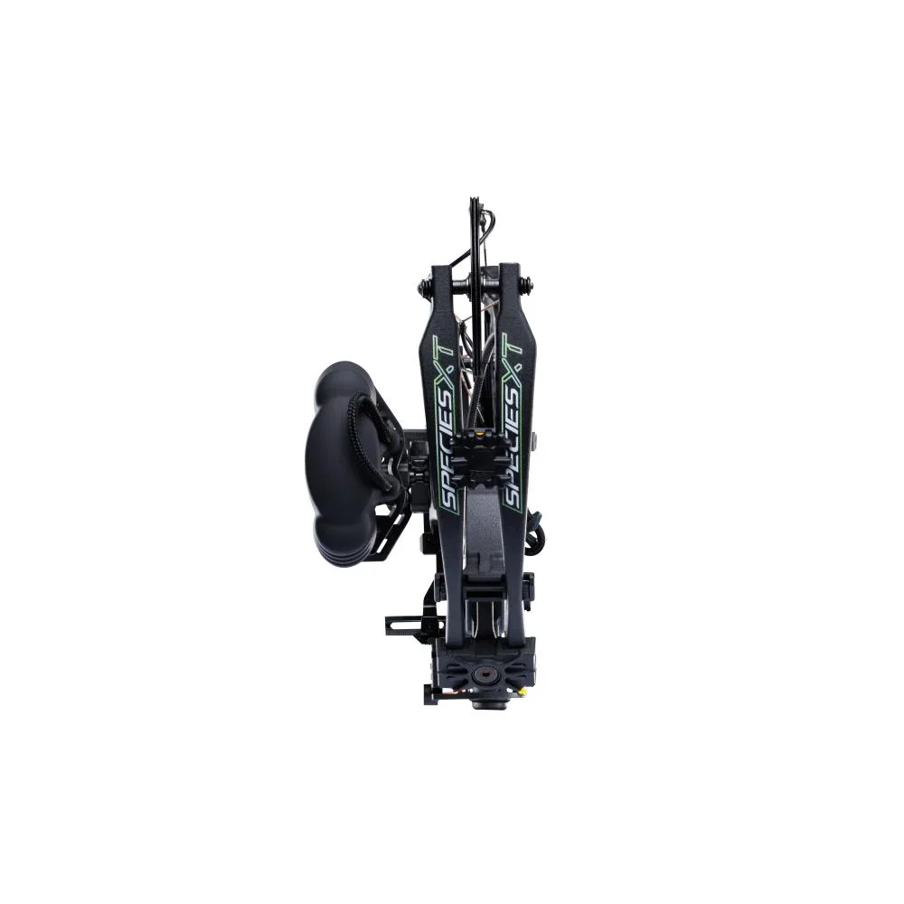 primary-40826 Bear Archery Species XT RTH compound bow in black, front view with sight and arrow rest