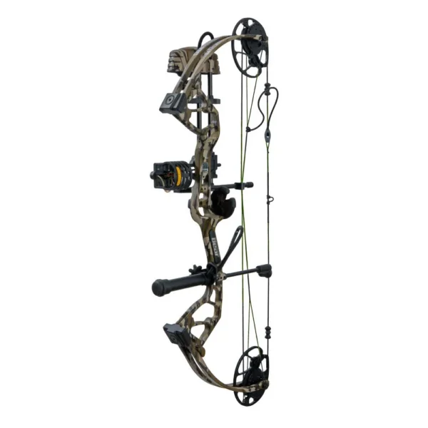Bear Archery Gamekeeper Jr RTH Compound Bow, camouflage side view with sight and arrow rest