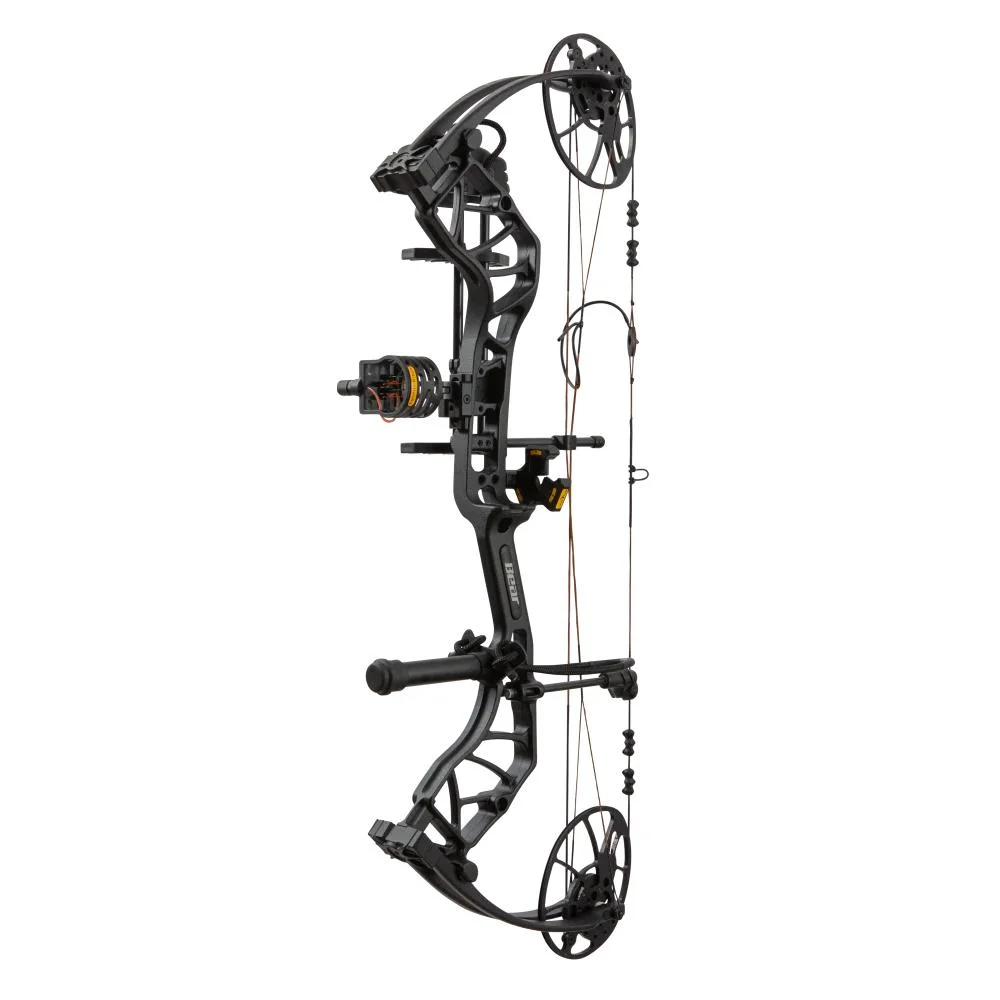 primary-40832 Bear Archery Legit Maxx RTH compound bow, black right-side view with sight, rest and quiver