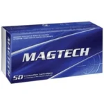 MagTech Handgun Ammunition, blue rectangular cartridge box shown at an angle