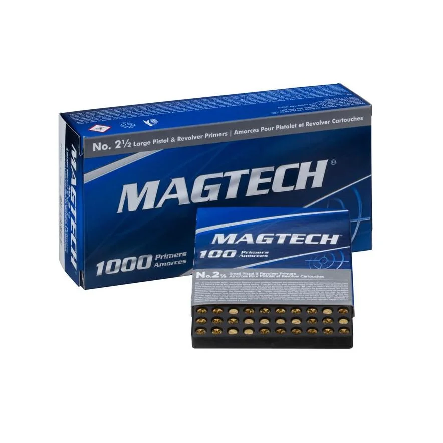 primary-40839 Magtech Large Pistol Primer, blue boxes and black primer tray in front view