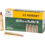 Sellier & Bellot Rifle Ammunition box, front view with green and yellow design and cartridges