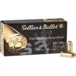 Sellier & Bellot Pistol & Revolver Ammo, cartridges beside black and gold box