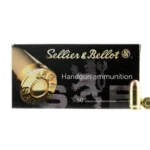 Sellier & Bellot Pistol & Revolver Ammo, black ammunition box with two brass cartridges