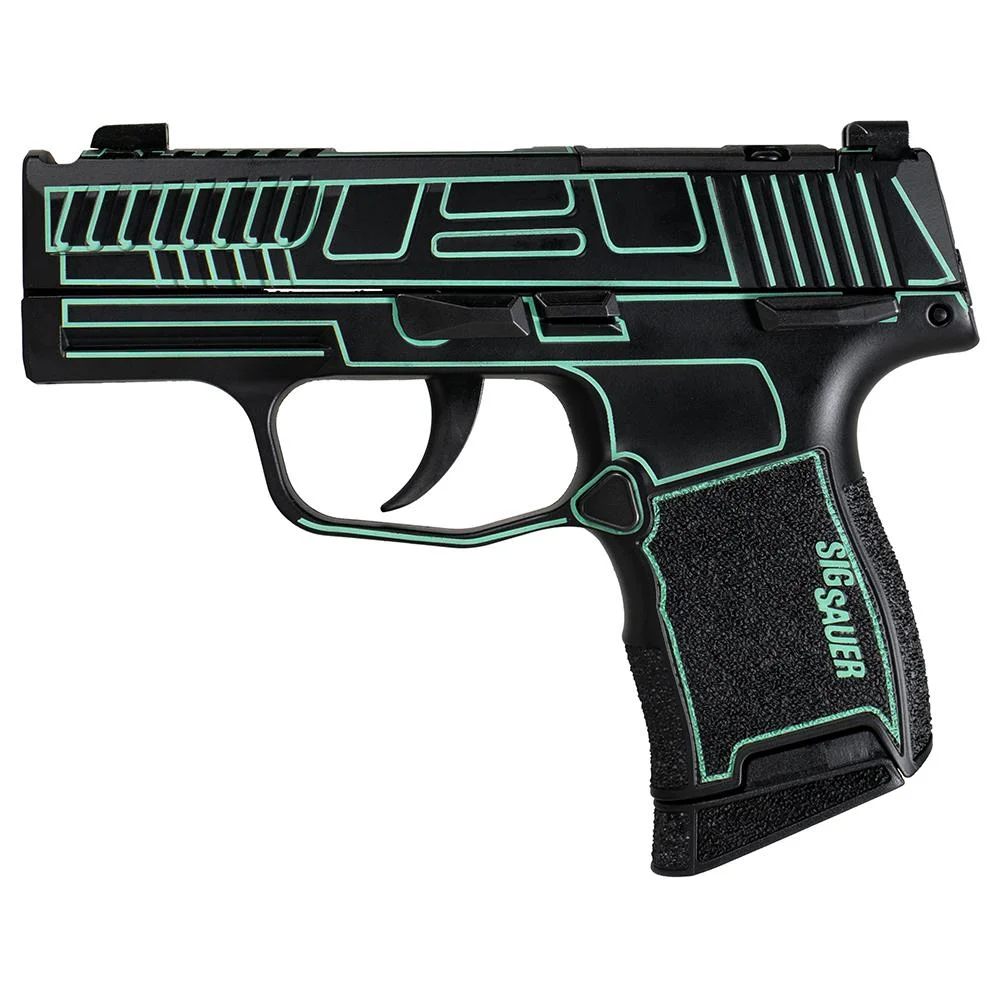 primary-40879 Sig Sauer P365 Outlander Blue Laser handgun, right-side view with bright outlined slide and grip