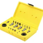 Forster Accessory Case for Case Trimmer Parts, open yellow case with assorted metal components