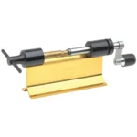 Forster Original Case Trimmer, angled view with gold base, black clamps and side crank
