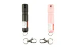 SABRE MIGHTY DISCREET SPRAY BLK/PNK black and pink spray canisters with key rings, front view