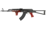 ZASTAVA M70 right-side view with red wood furniture, black folding stock and curved magazine