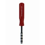 Forster 308 Neck Tension Gage, red-handled rod with stepped metal tip in front view