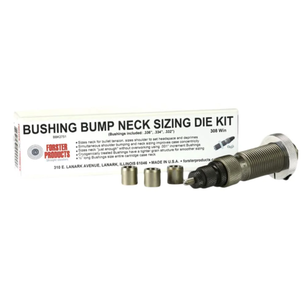 primary-41063 Forster Bushing Bump Neck Sizing Die Kit, package with silver die and three neck bushings