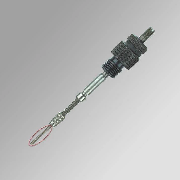 primary-41078 Forster Products Long Decapping Pin, single silver pin assembly with threaded black fitting and loop