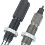 Forster Bench Rest Full Length Die Set, two black and silver threaded dies, angled view
