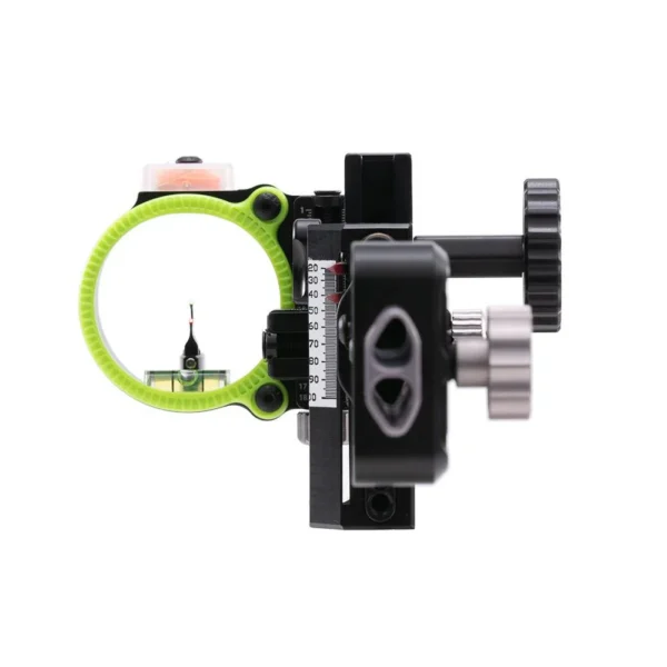 Black Gold Pro Dual Track 2 Pin Vertical, front view with green sight ring and adjustment knobs