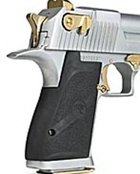 Magnum Research Hogue black textured two-piece grip installed on a silver and gold pistol