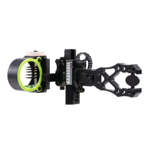 Black Gold Ascent Verdict, black archery sight with green-ringed five-pin scope, side view