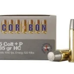 Corbon Inc. COR-BON Handgun Ammunition, grey box with two upright brass cartridges and one bullet