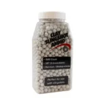 DAC Clay Slingshot Ammo, front view of clear bottle filled with white clay balls