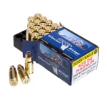 Magnum Research Glacier Ridge Desert Eagle Ammunition blue box with brass cartridges in black tray