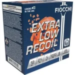 FIOCCHI 12GA Low Recoil Trainer blue ammunition box, angled front and side view