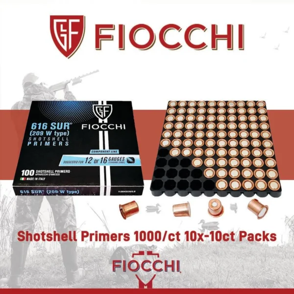 Fiocchi Shotshell Primers packaging with primer tray and loose primers visible