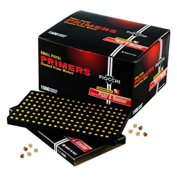Fiocchi Small Pistol Primers, black and red box with open trays and loose primers