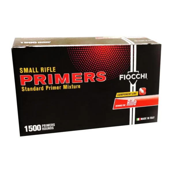 Fiocchi Small Rifle Primers, front view of black and red branded box