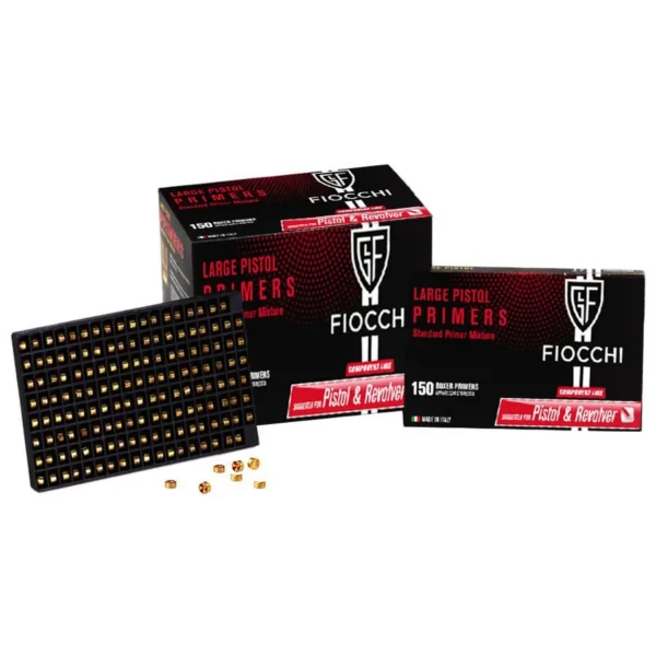 Fiocchi Large Pistol Primers, black and red boxes with primer trays and loose primers