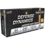 Fiocchi Pistol Shooting Dynamics handgun ammunition, black box in angled front view