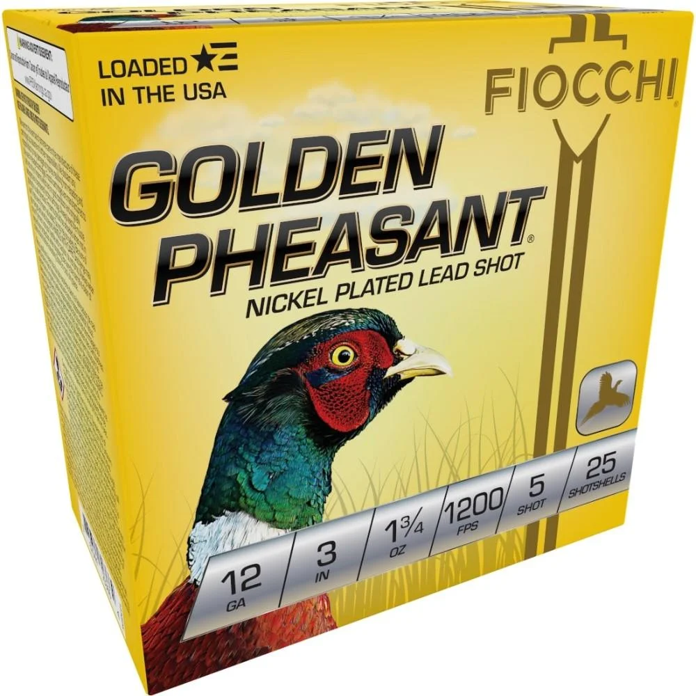 primary-41176 Fiocchi Ammunition GOLDEN PHEASANT NP, angled front view of yellow box with pheasant graphic