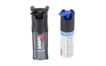 SABRE Quick Grip Pepper Spray Black, black grip canister beside refill with blue actuator