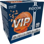 Fiocchi Exacta Target Loads, blue ammunition box in front three-quarter view with VIP branding