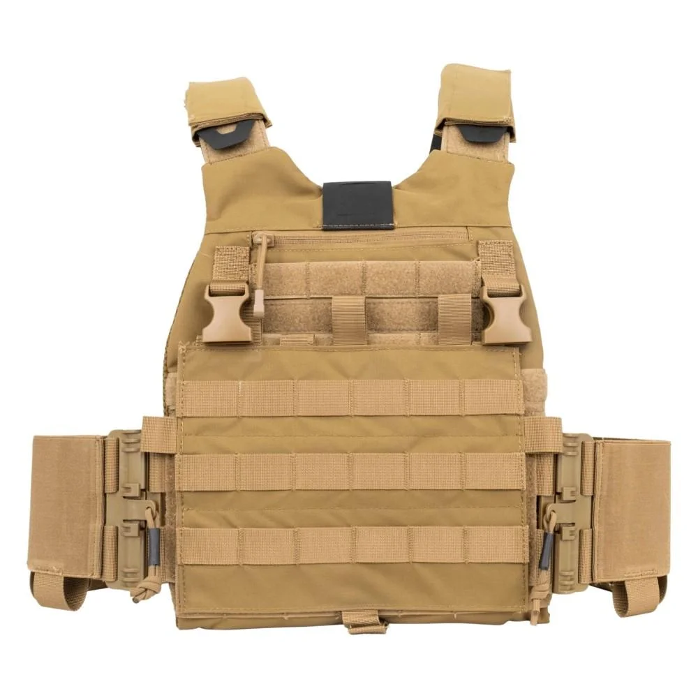 primary-41206 10 Ring Guard Dog Trakr Plate Carrier FDE with Front Placard, tan front view with MOLLE webbing