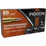 Fiocchi Hyperformance Hunt Rifle Ammunition 7mm Rem Mag, front view of black and orange box