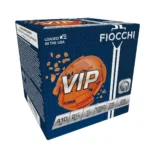 Fiocchi Premium Target Loads, blue and orange ammunition box in front three-quarter view