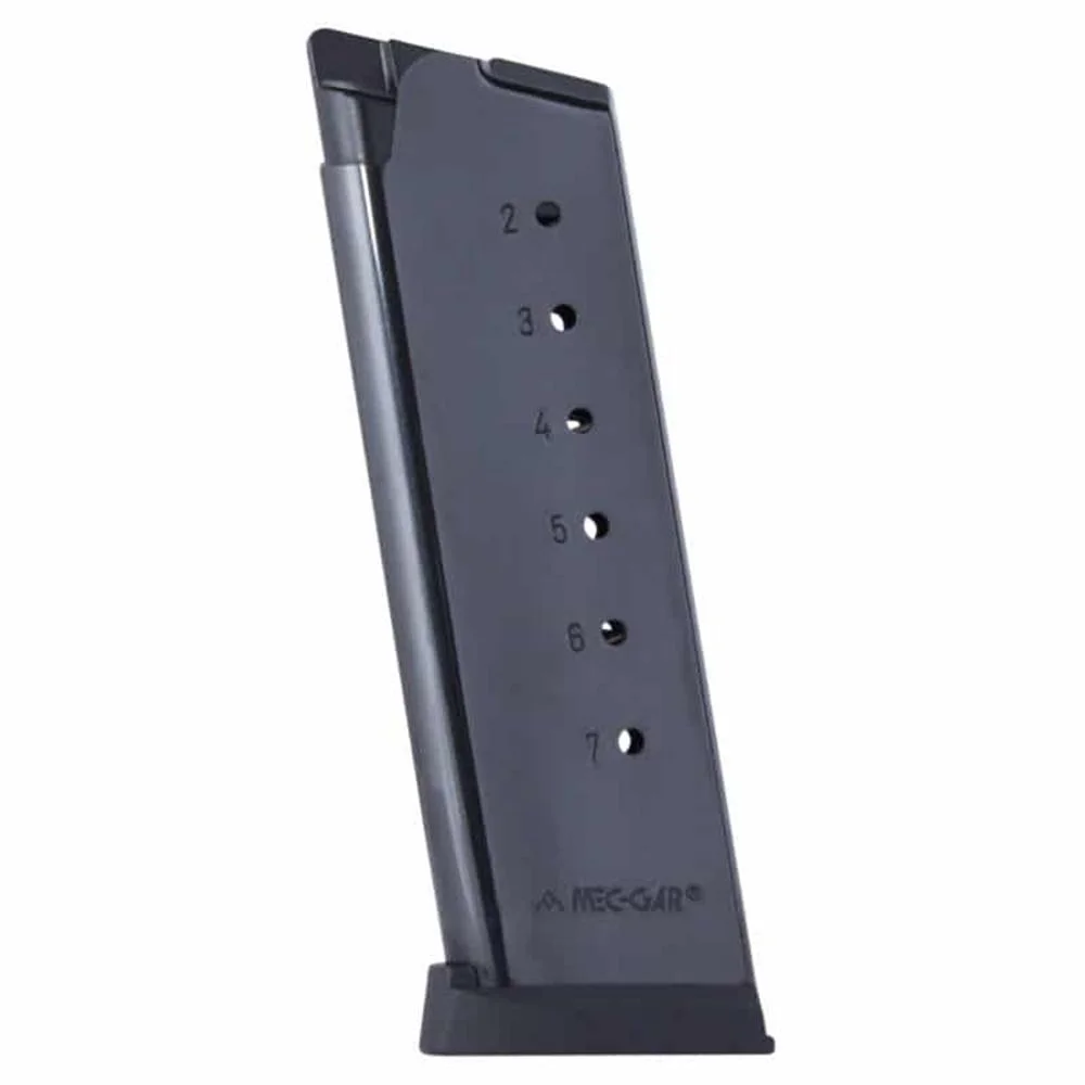 primary-41219 Mec-Gar 1911 Officer Magazine in blued finish, front view with witness holes and black buttplate