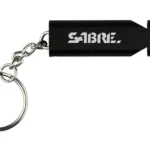 SABRE WHISTLE W/LANYARD BLACK, black side view with SABRE logo, chain and metal key ring