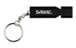 SABRE WHISTLE W/LANYARD BLACK, black side view with SABRE logo, chain and metal key ring