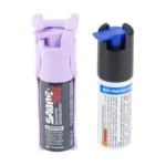 SABRE Quick Grip pepper spray, lavender and black canister shown beside rear label view